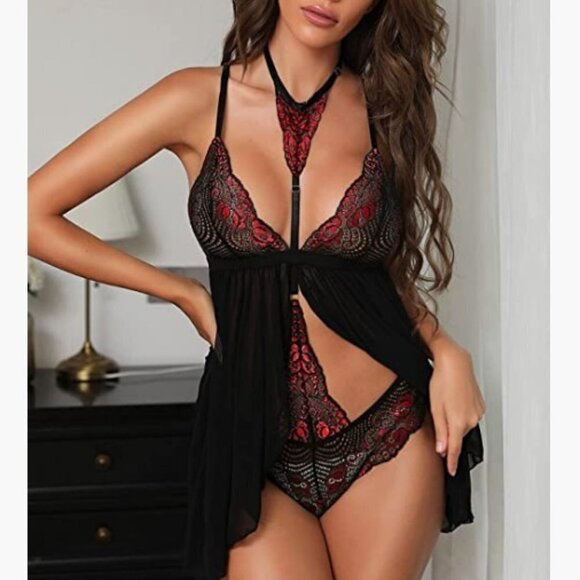 Sexy Lace Babydoll Lingerie with Choker Chemise Nightgown Cut Out Back 2PCS - Picture 3 of 11
